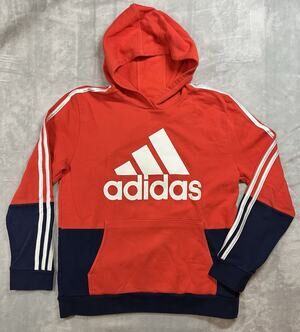 Adidas Kids Pullover Sweatshirt Hoodie Large 14/16 Red Navy Blue White Spellout